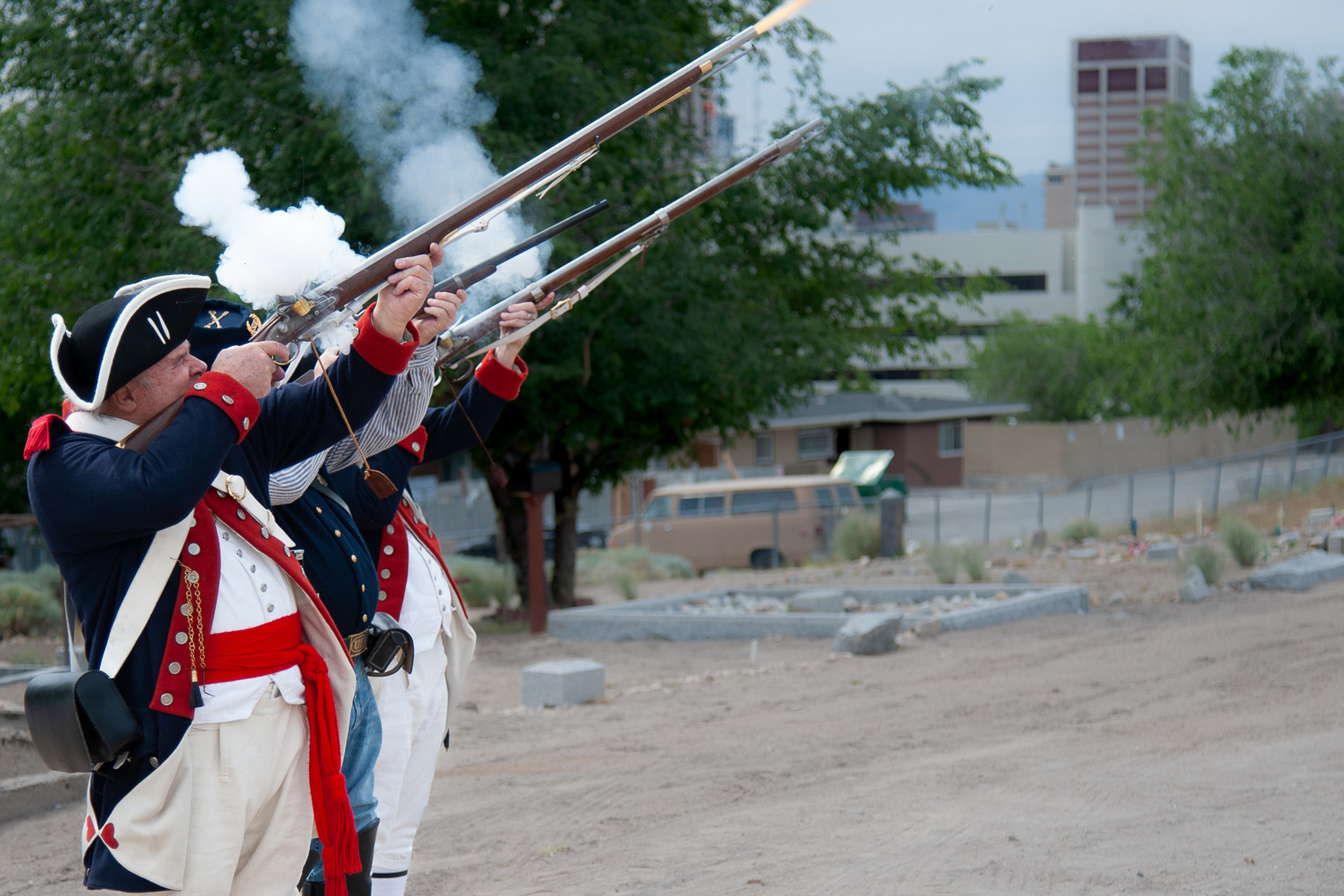 Memorial Day 2025 5-26. BBP CG Volley, Hillside Cemetery, Reno. R. Linscott, Donn Dalton, Art Salt. Photo by Dave Barnard.